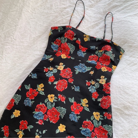 Realisation Christy Silk Spaghetti Strap Mini Dress Black 90s Floral Print - Picture 4 of 7